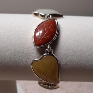 Sterling silver gemstone leaf bracelet artisan crafted carved red gold jasper